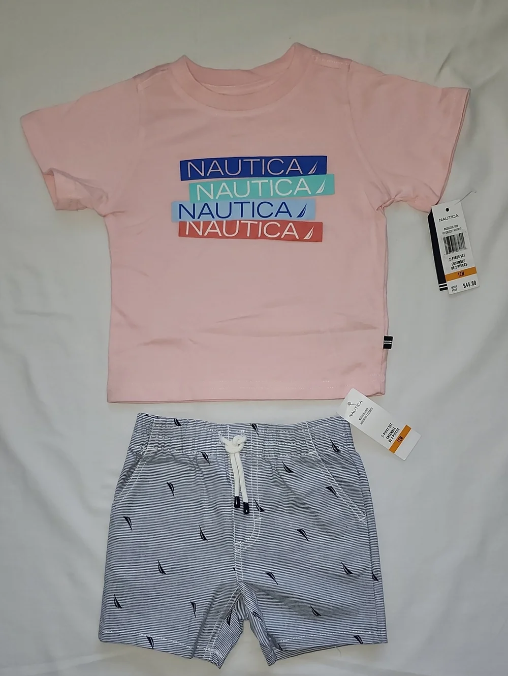 Nautica Boys 2-Piece Short Set Pink Multi-Logo Tee & Striped Shorts NWT